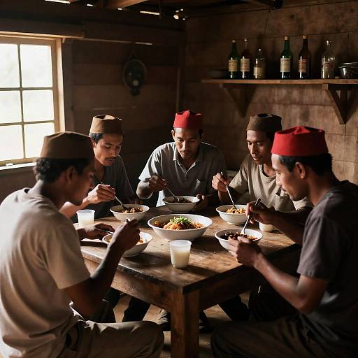 Men Eating Together in Wooden Hut