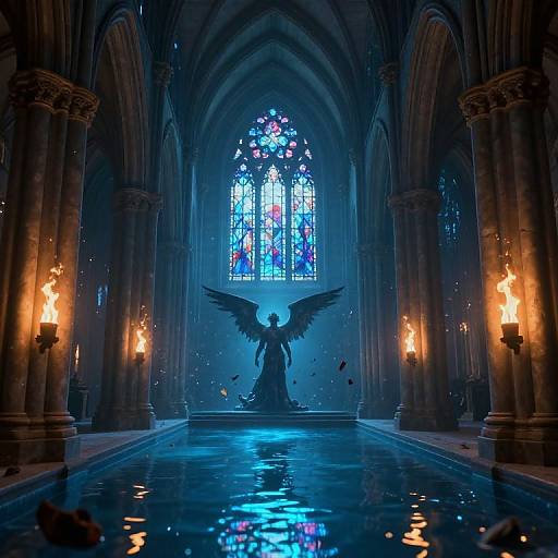 Photograph: Dark Gothic cathedral with illuminated stained glass window, central angel statue with wings, lit torches, reflective blue pool, ethereal ambiance.
