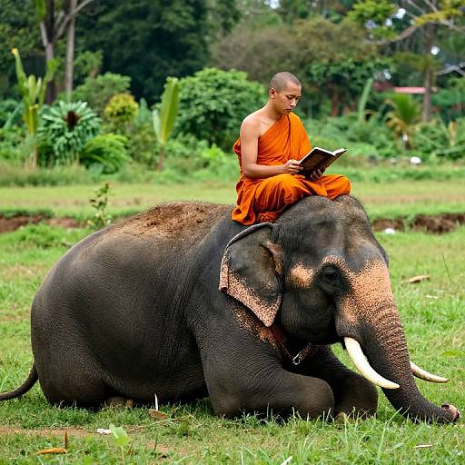 Buddhist Monk Reading on Elephant