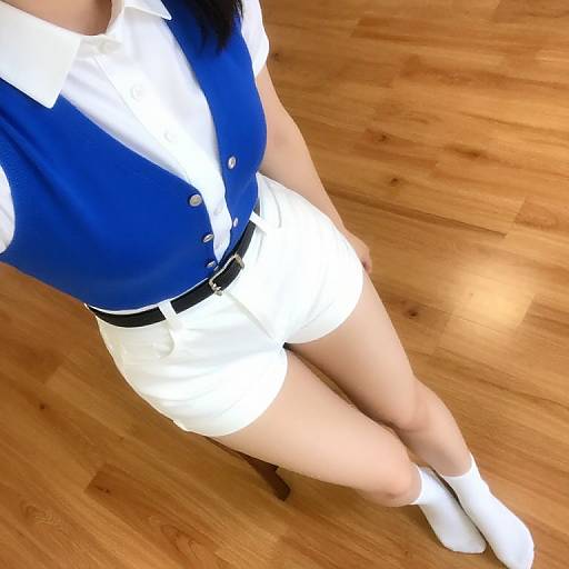 Overhead photo of a person wearing a blue vest, white shorts, white socks, and black belt, standing on wooden floor.