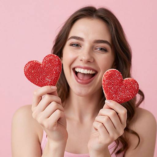 Photograph of a smiling woman with long brown hair, holding two glittery red heart-shaped lollipops against a pink background.
