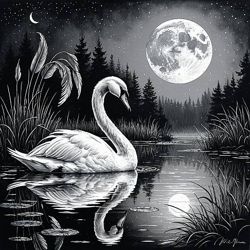 Pen-and-Ink Swan on Moonlit Pond
