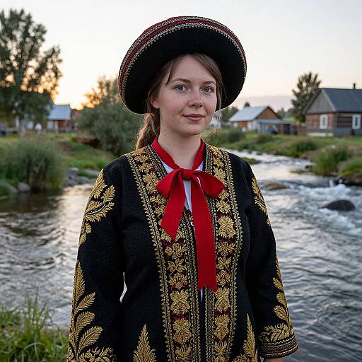 Photograph of a fair-skinned woman with brown hair wearing a black embroidered dress and red ribbon, wide-brimmed hat, standing by a flowing