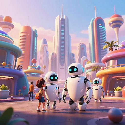 Digital CGI illustration of a young girl walking with three white, glowing-eyed robot friends in a vibrant, futuristic cityscape.