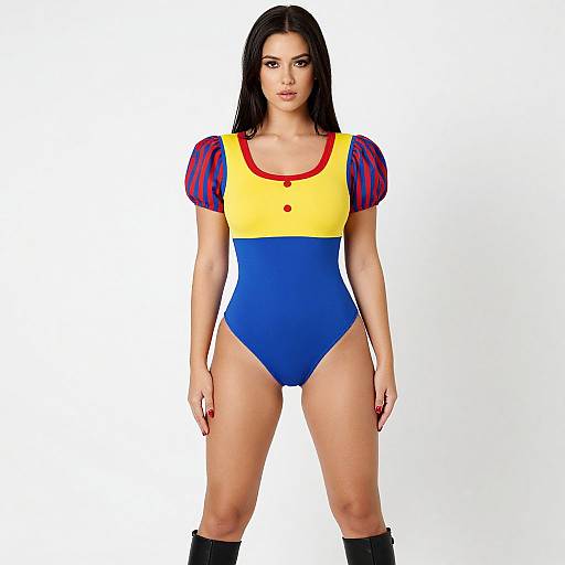 Photograph of a woman with long black hair, wearing a yellow and blue Snow White-inspired leotard with red trim, red puffed sleeves,