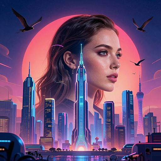 Digital artwork: Giant woman with glowing skin, brown hair, and piercing eyes dominates neon cityscape with skyscrapers, sunset, and flying birds.