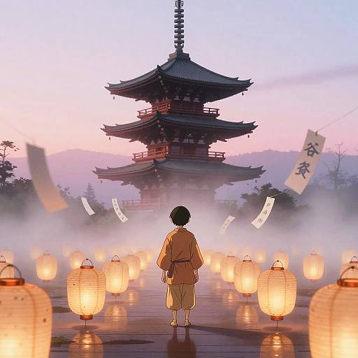 Novice Monk at Lantern-Lit Temple Tower