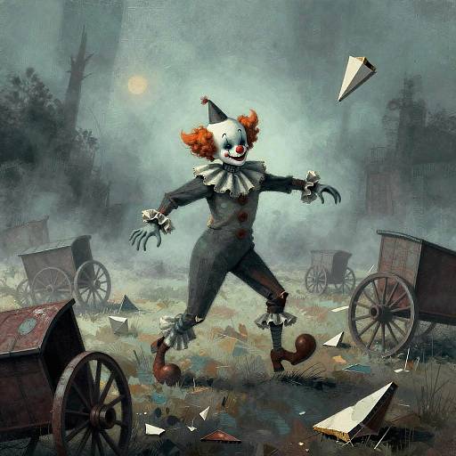 Lanky Scarecrow Clown in Foggy Circus