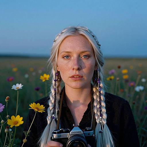 Photograph of a fair-skinned, blue-eyed woman with braided blonde hair, wearing a black top, holding a Canon camera, standing in a