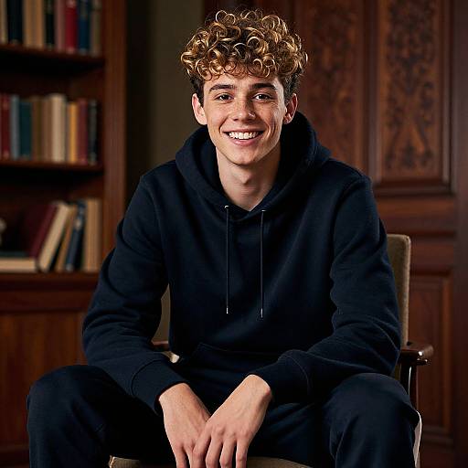 Photograph of a smiling young man with curly brown hair, wearing a black hoodie, sitting in a wooden library with bookshelves and ornate panels