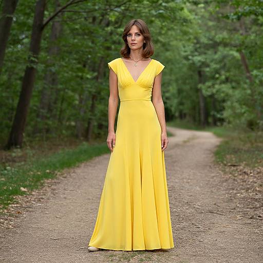 Photograph of a woman with shoulder-length brown hair wearing a bright yellow, V-neck, sleeveless gown standing on a forest path.