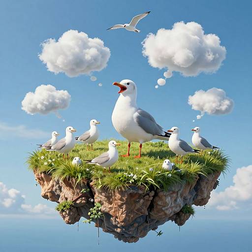 Digital illustration of a floating grassy island with seagulls, a blue sky, white clouds, and a flying seagull above.
