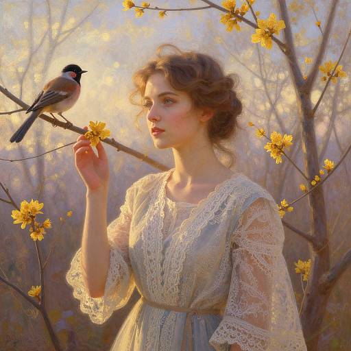 Photorealistic painting of a fair-skinned woman with curly brown hair, wearing a lace dress, gently feeding a small bird a flower, surrounded by