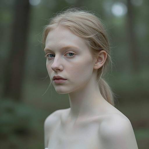Photograph of a pale, fair-skinned young woman with red hair in a ponytail, bare shoulders, and serious expression, set against a blurred