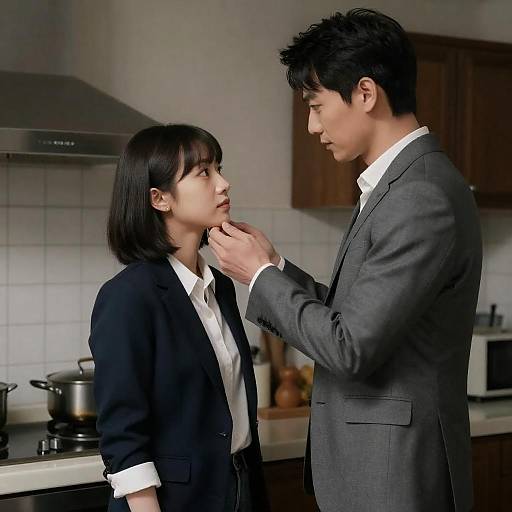 Intimate Moment in Dimly Lit Kitchen