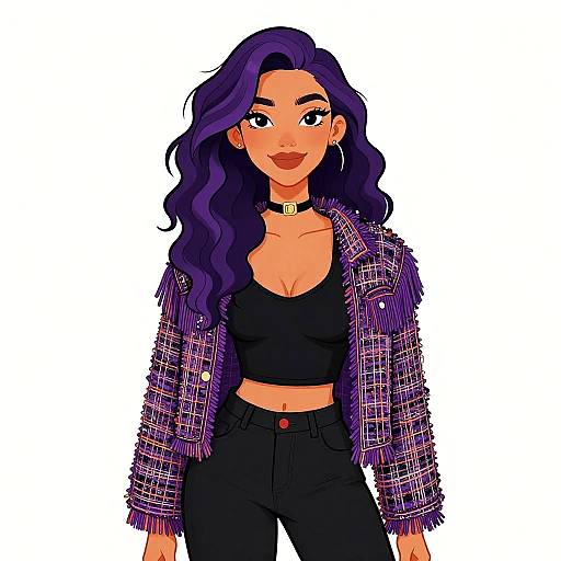 Digital illustration of a confident woman with long purple hair, wearing a black crop top, high-waisted black pants, and a purple plaid jacket