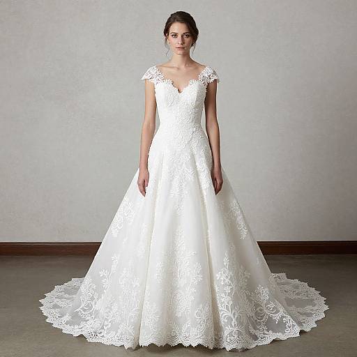Photograph of a slender woman with fair skin and dark hair in an elegant white lace wedding gown with a V-neck and cap sleeves, standing against a
