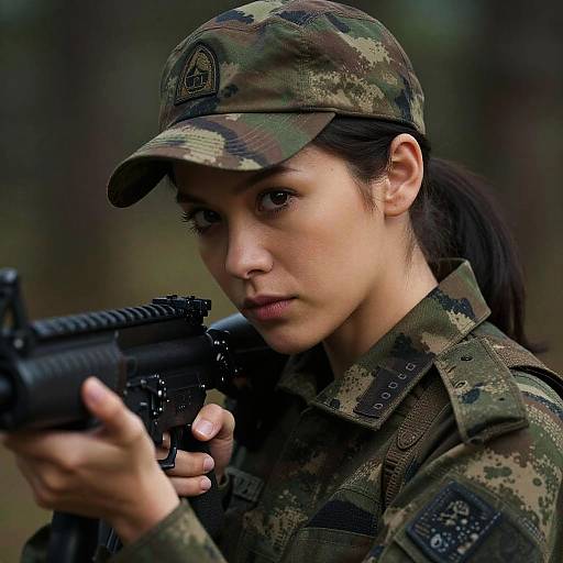 Photograph of an intense Asian woman soldier in camouflage uniform and cap, aiming a black rifle, focused expression, dark hair tied back.