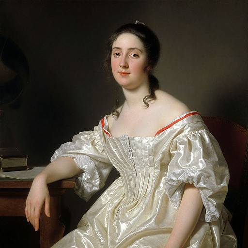 Portrait of a fair-skinned woman with dark hair, wearing an off-the-shoulder, shiny white dress with red trim, seated against a dark