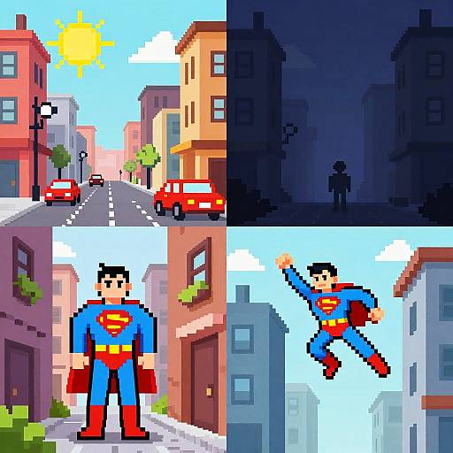 Pixel art collage: sunny city street, shadowy alley, Superman standing, Superman flying, vibrant colors, blocky textures, red cars, blue sky