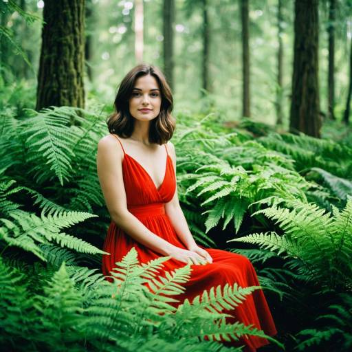 Woman in Red Dress Sitting Among Ferns