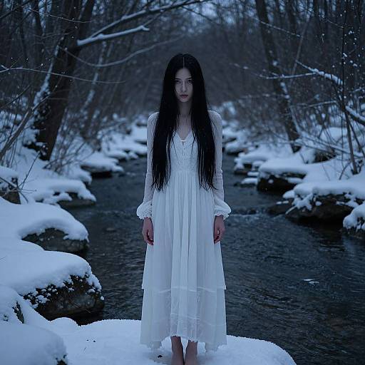 Photograph of a pale, long-haired woman in a white, flowing dress standing in a snowy, dark forest stream, with bare trees and snow-covered