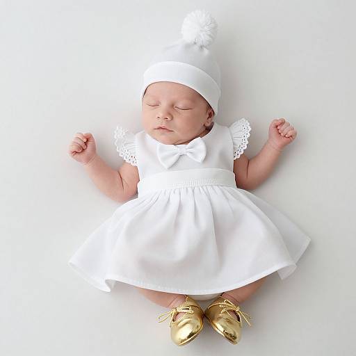 Photograph of a sleeping newborn baby in a white dress and hat, wearing gold shoes, lying on a plain white background.