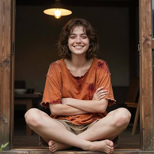 Smiling woman in tattered orange shirt sitting cross-legged