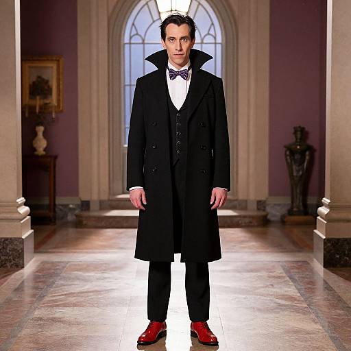 Photograph of a man in a black Victorian-style coat, white shirt, black bow tie, and red shoes standing in an elegant, marbled hallway