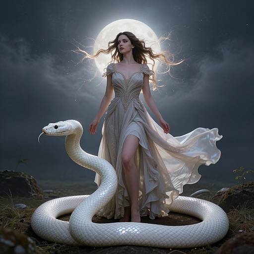 Digital artwork of a fair-skinned woman in a flowing white dress, standing amidst a glowing full moon, with a large white snake coiled around her