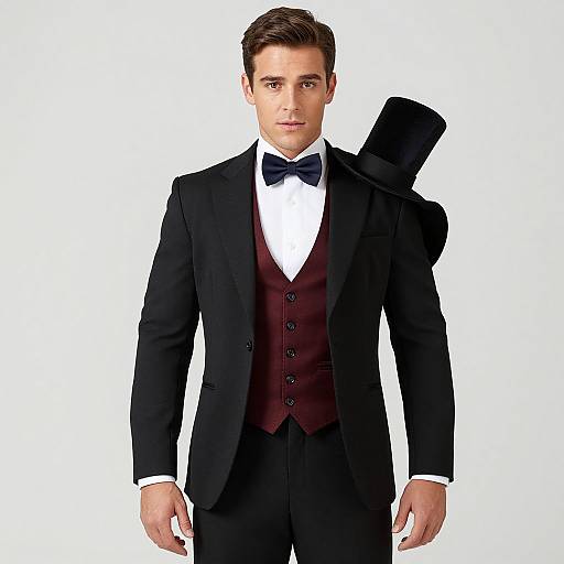 Photograph of a handsome man in a black tuxedo with a maroon vest, black bow tie, and black top hat on his shoulder.