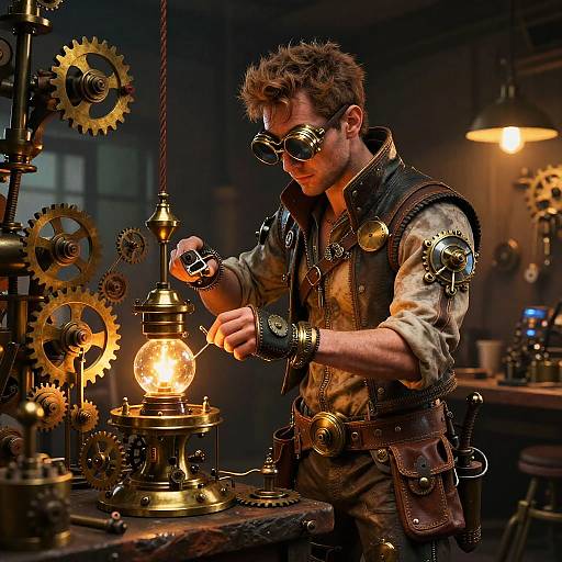 Steampunk Inventor Gord in Workshop
