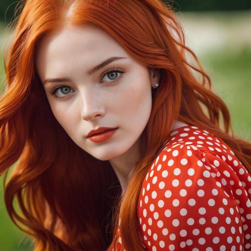 Portrait of Woman with Vibrant Red Hair in Polka Dot Dress