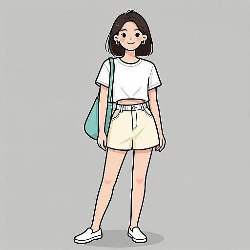 Digital illustration of a smiling young woman with black hair, wearing a white crop top, high-waisted cream shorts, white sneakers, and a turquoise
