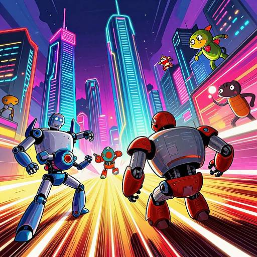 Futuristic Neon Cityscape with Robots