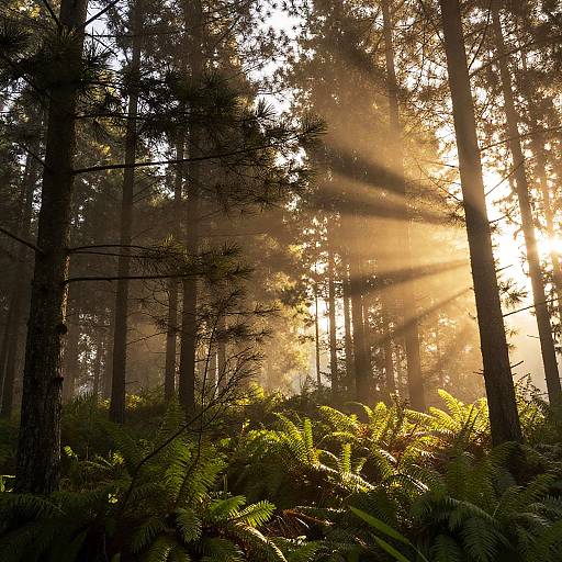 Sunrise Light Through Dense Pine Forest