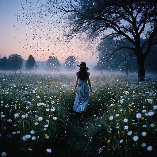 Woman in Twilight Meadow with Glowing Flowers