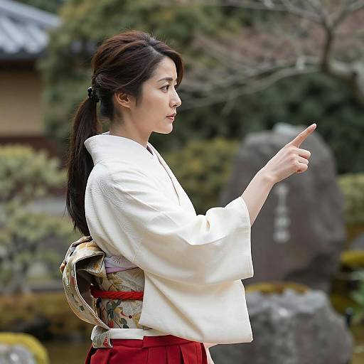 Asian Woman in Traditional Japanese Kimono Pointing
