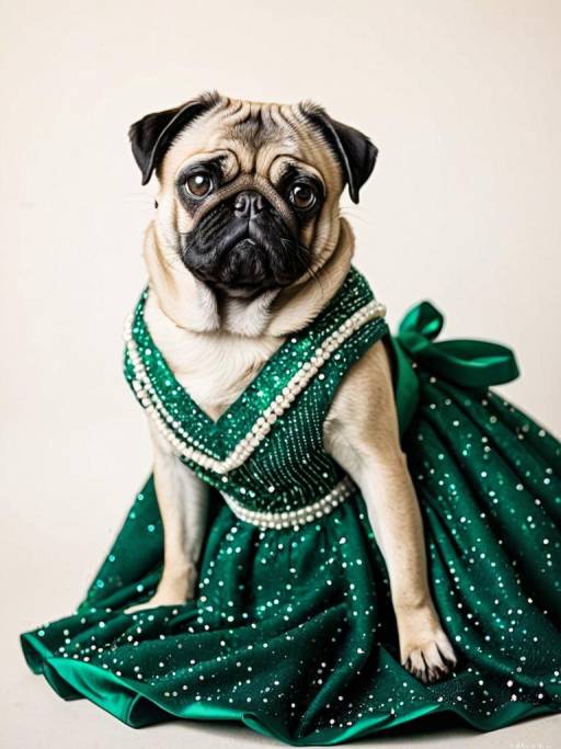 Elegant Pug Queen in Emerald Gown
