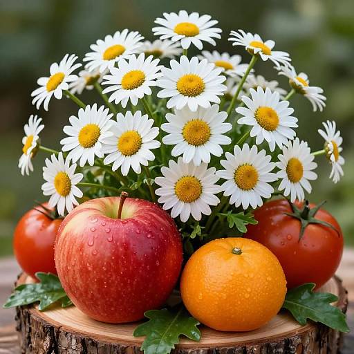 Fresh bouquet of white daisies with yellow centers, surrounded by red apples, a ripe orange, and tomatoes, on a wooden slab.