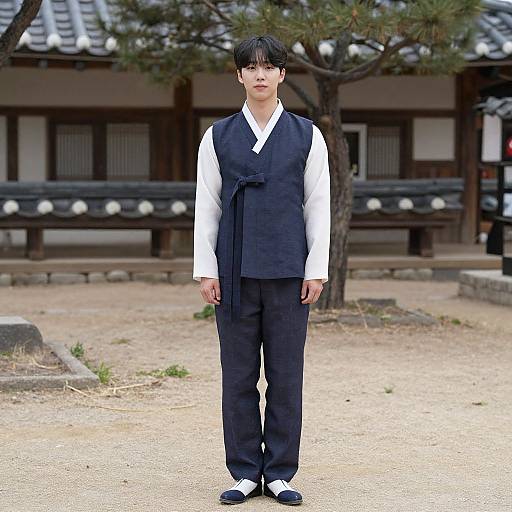 Photograph of a young East Asian man in traditional black hakama and white shirt, standing in a Japanese courtyard with wooden buildings and trees in the background