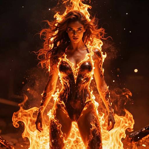 Photograph of a fierce, fiery-haired woman with long, flowing hair engulfed in bright orange flames, standing against a dark background. Her intense gaze