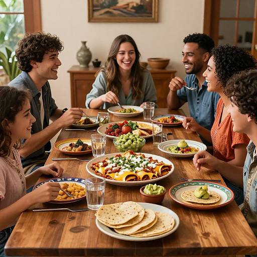 Photograph of a diverse, laughing family of five enjoying a colorful, homemade Mexican meal at a wooden dining table, with tortillas, tacos, and