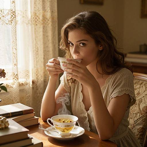 Photograph of a young woman with wavy brown hair, wearing a beige, lace-trimmed dress, sipping tea from a delicate cup,