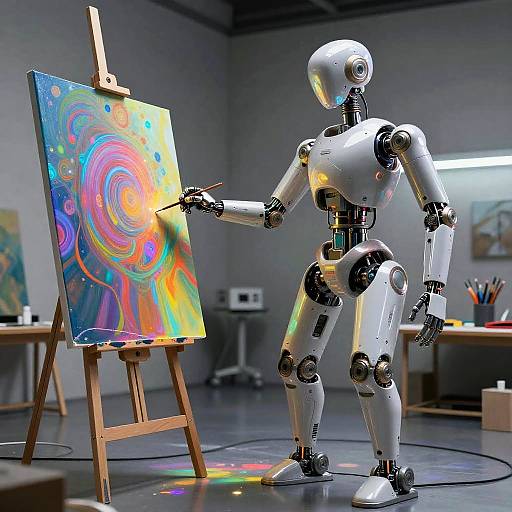 Photograph of a white humanoid robot painting a vibrant, colorful abstract swirl on an easel in a modern, dimly-lit studio.