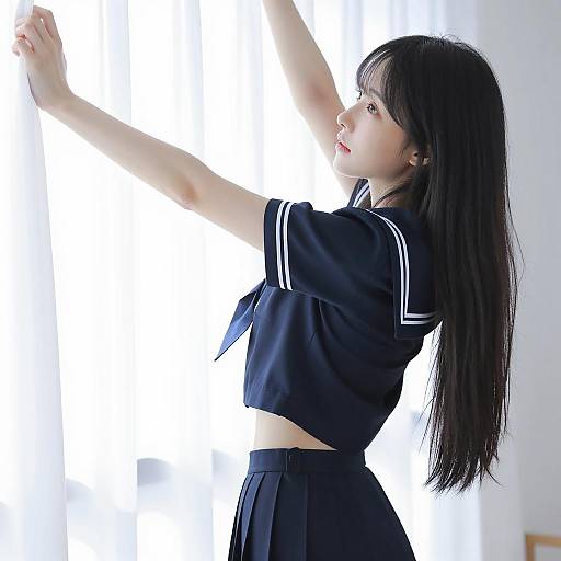 Young Woman in Navy Sailor Outfit by Window