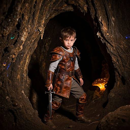 Photograph of a young boy with brown hair, dressed in medieval leather armor and holding a sword, standing in a dark, rocky cave with a glowing
