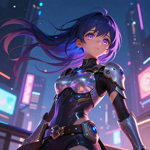 Digital anime artwork of a purple-haired, purple-eyed woman in futuristic black armor with glowing blue accents, standing in a neon-lit cityscape.