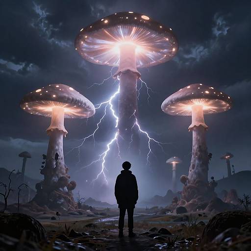 Digital artwork: Silhouetted figure stands in rain-soaked landscape, facing glowing, lightning-illuminated giant mushrooms under stormy, dark