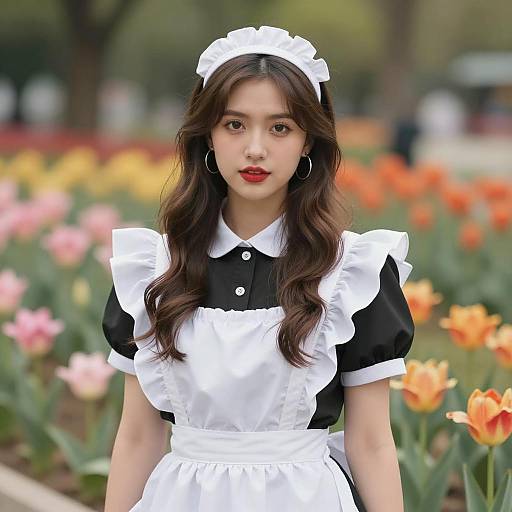 Young Woman in Maid Outfit in Flower Garden